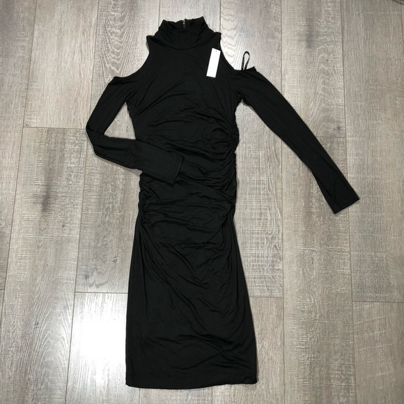 WHITE HOUSE BLACK MARKET Ruched Midi Dress cold shoulder mock neck Size 0 Black - Picture 2 of 5